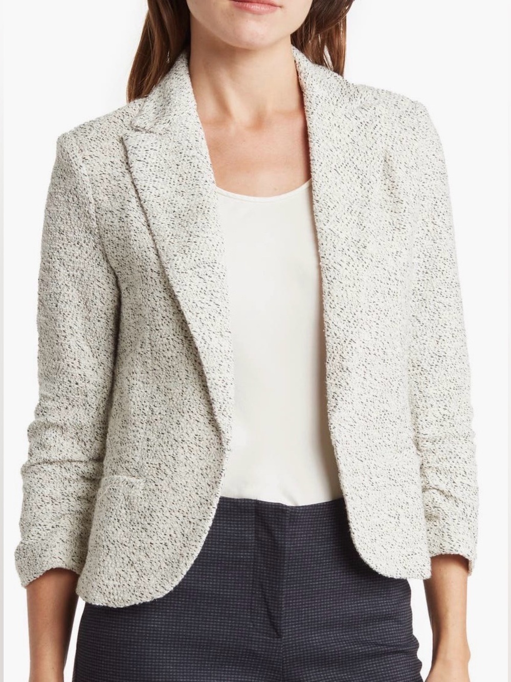 Amanda & Chelsea Marled Open-Front Knit Blazer - Ivory Gray Blend